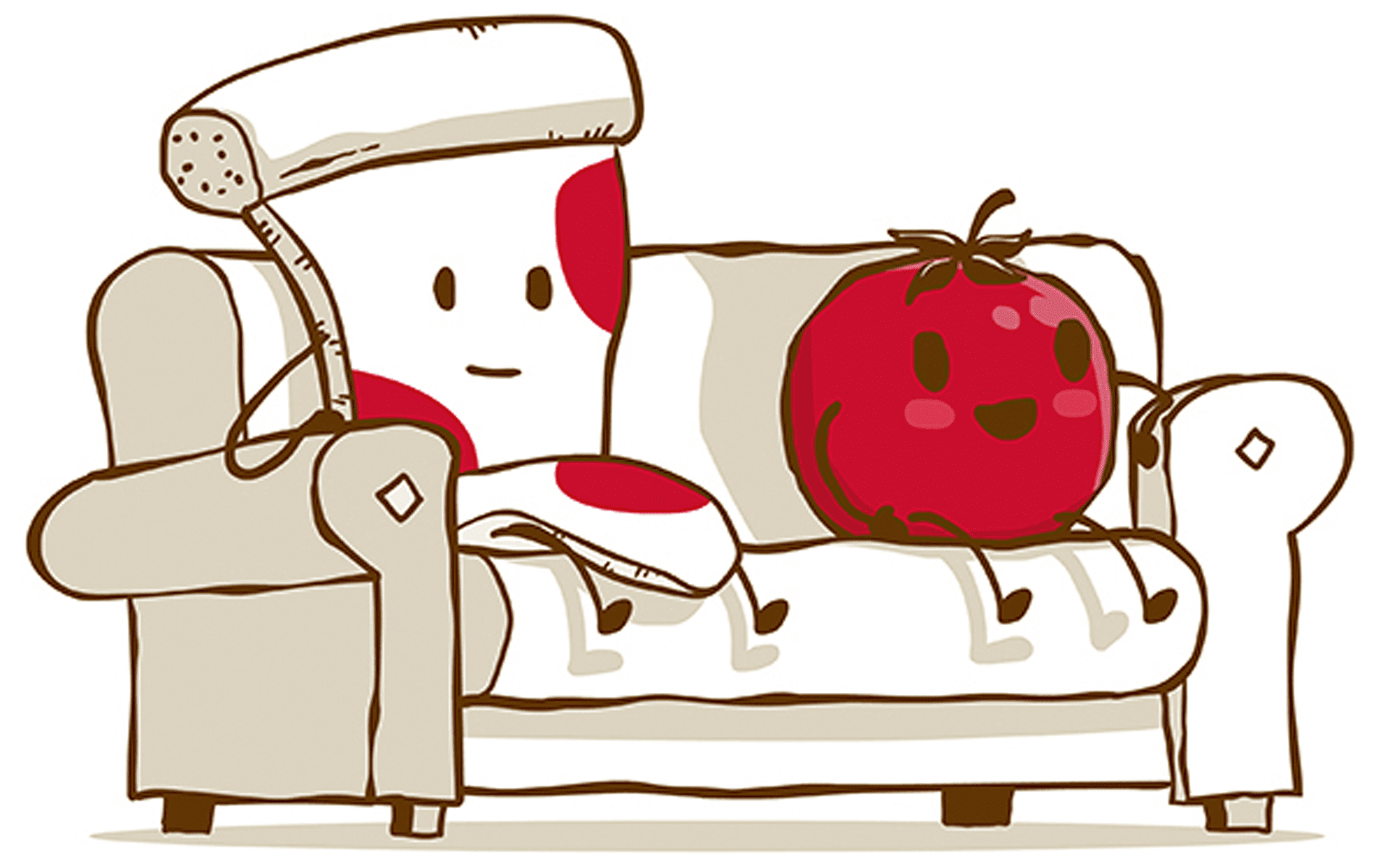 Pizza Slice and Tomato hanging out on the couch - Pizza Hut Cartoon